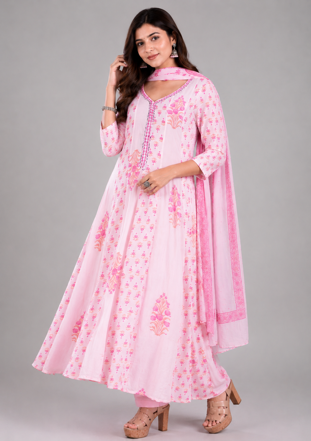Pink Floral Anarkali Suit Set