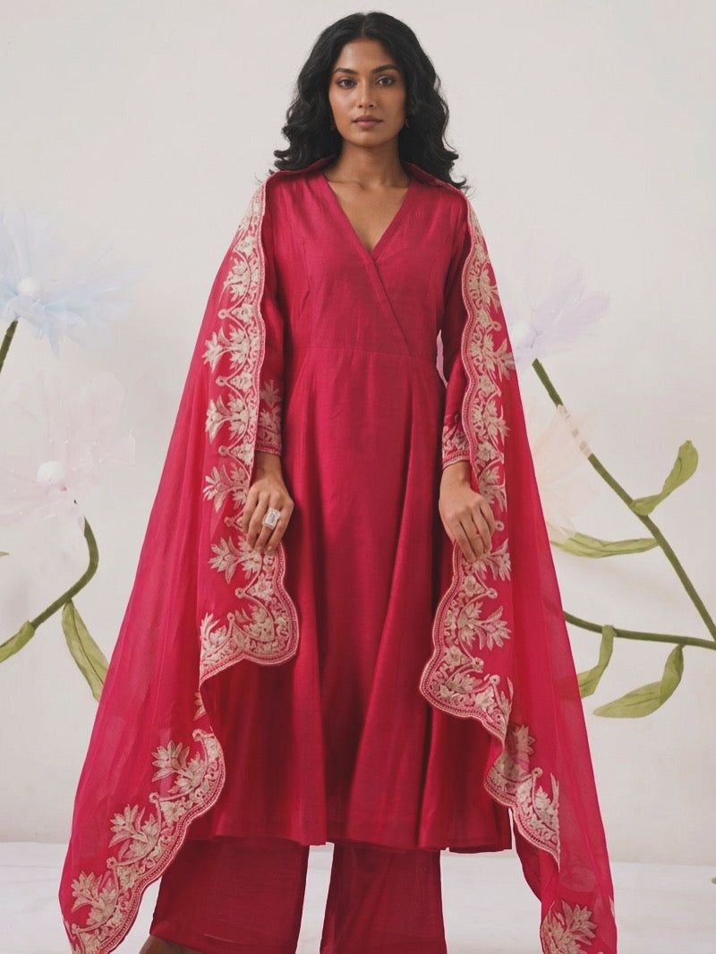 Ruby Red Embroidered Anarkali Suit Set