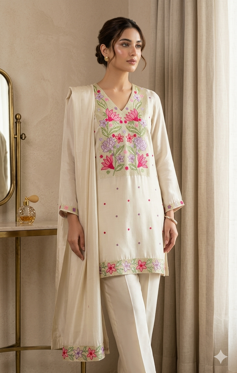 Ivory Blossom Embroidered Kurta Set