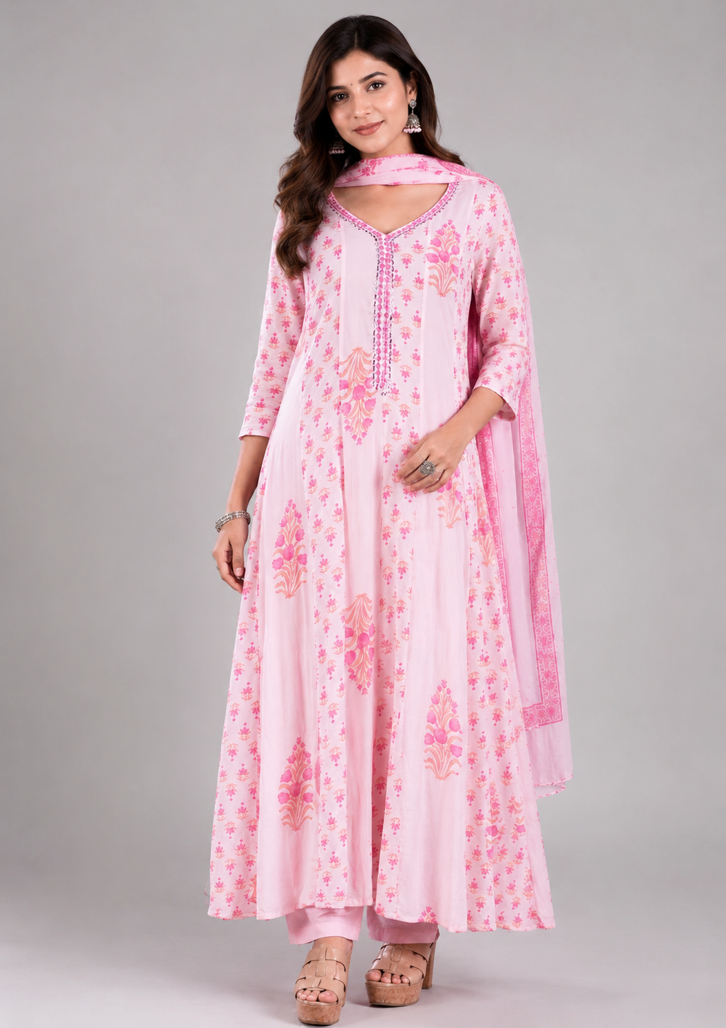 Pink Floral Anarkali Suit Set