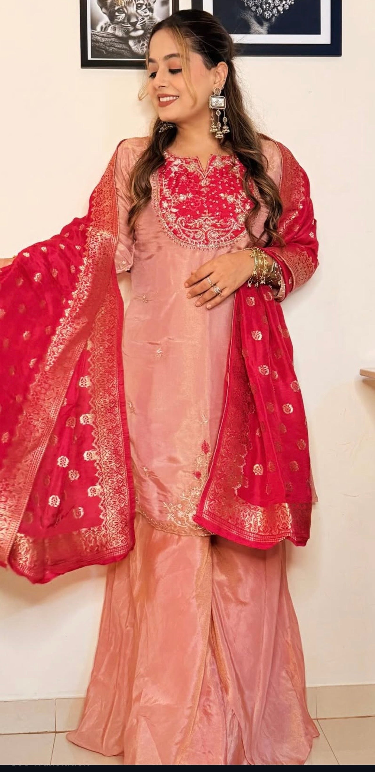 Blush Pink Embroidered Kurta Set with Red Dupatta