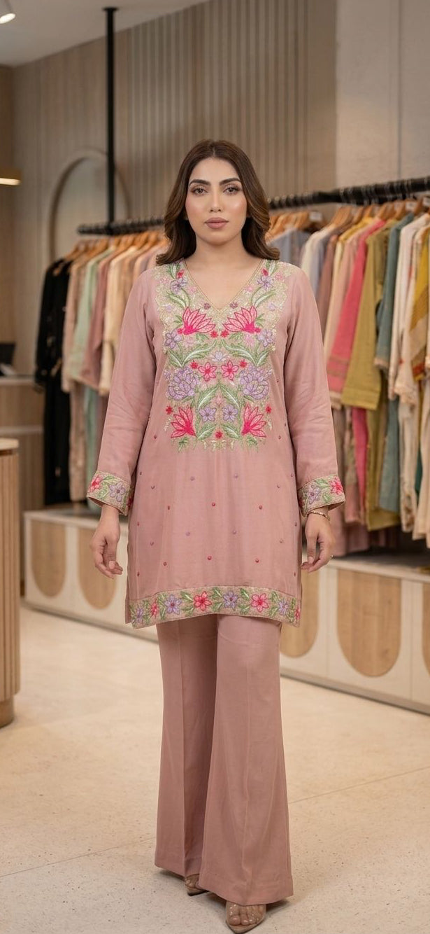Blush Pink Floral Embroidered Kurta Set