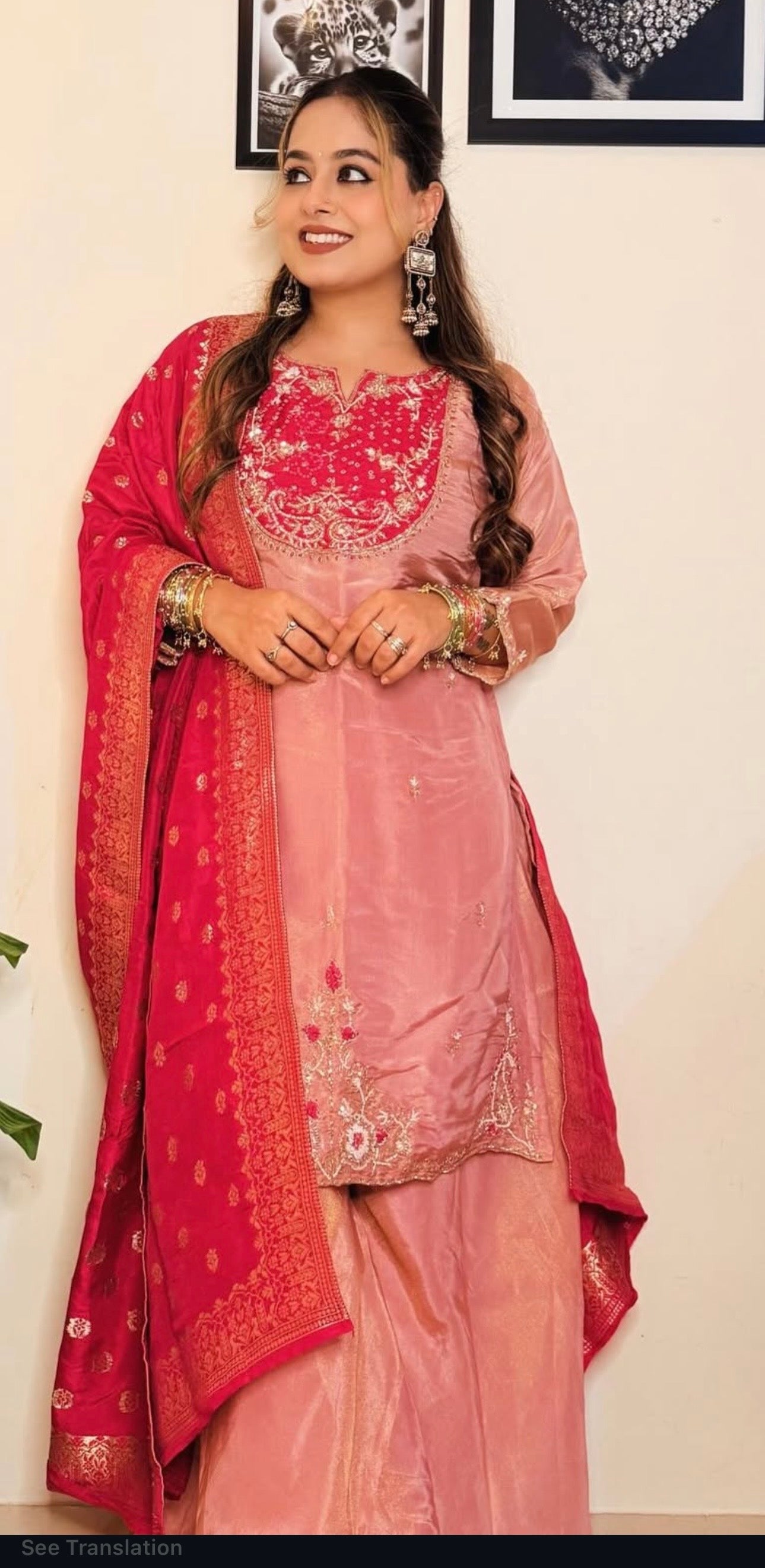 Blush Pink Embroidered Kurta Set with Red Dupatta