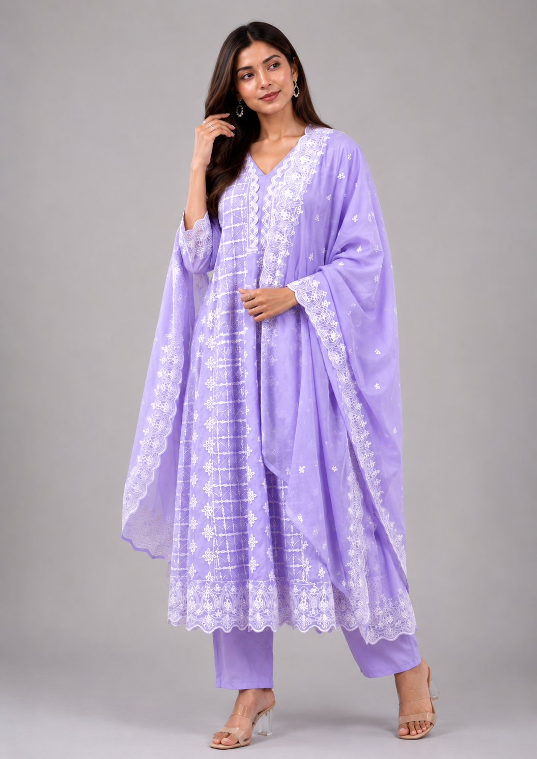 Lavender Embroidered Anarkali Suit Set