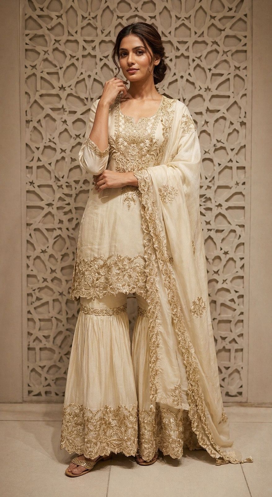 Ethni Ivory Embroidered Sharara Set