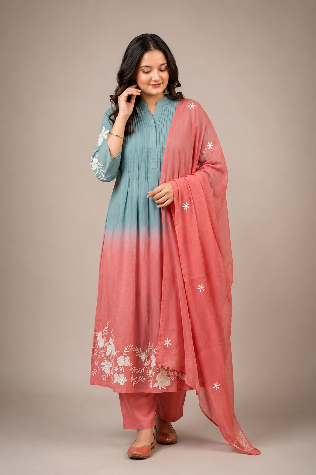 Coral Mist Ombre Embroidered Suit Set