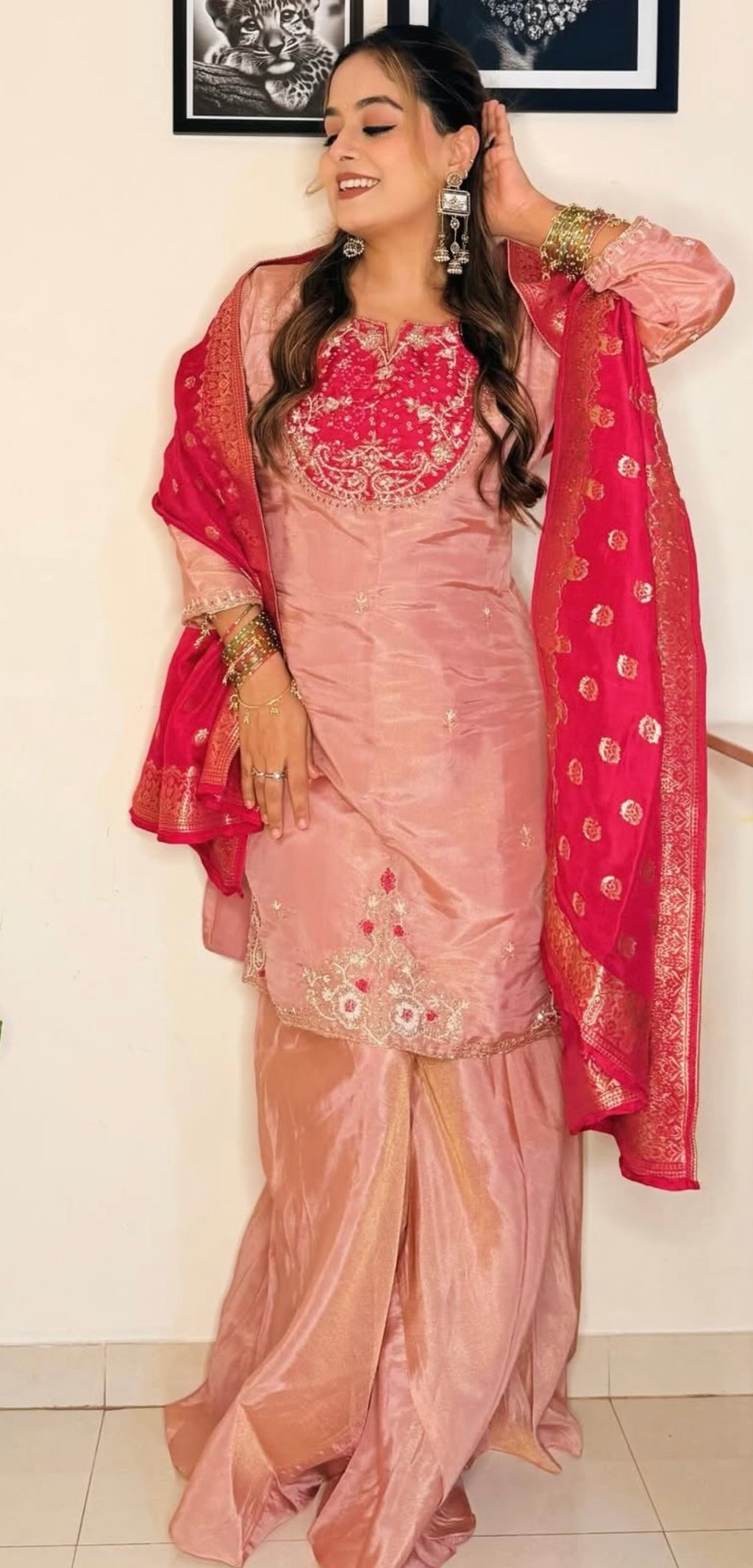 Blush Pink Embroidered Kurta Set with Red Dupatta