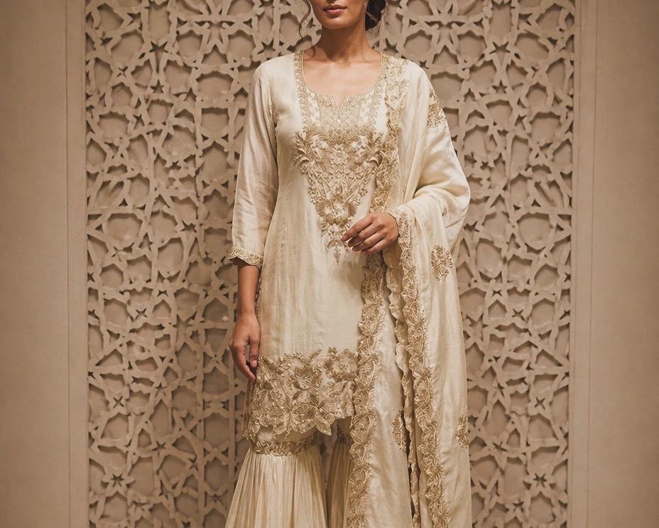 Ethni Ivory Embroidered Sharara Set