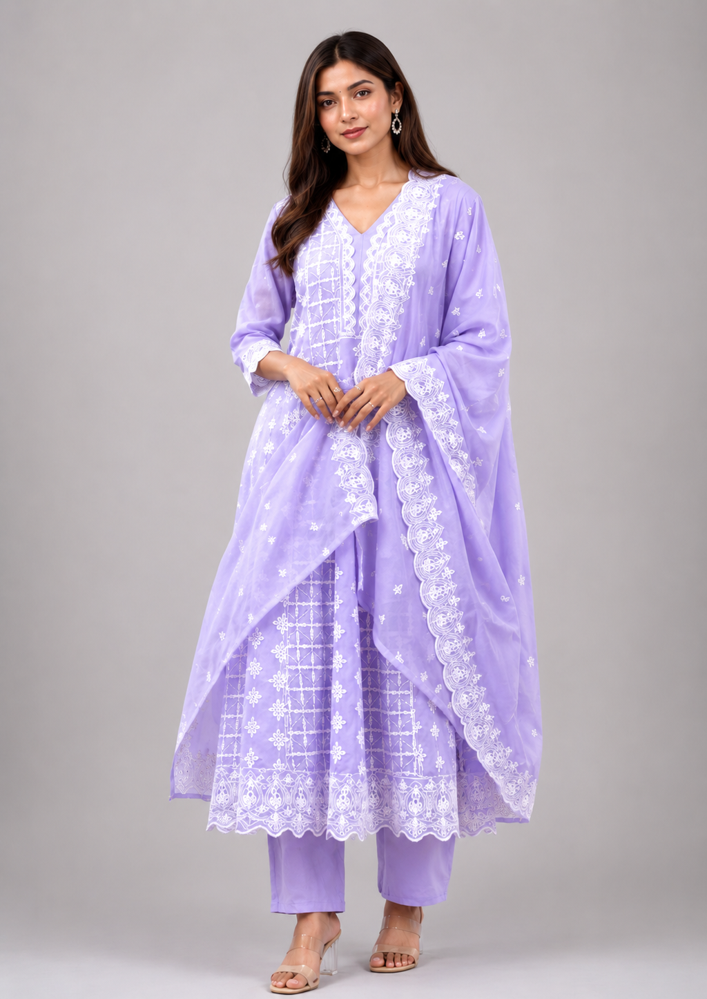 Lavender Embroidered Anarkali Suit Set