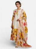 Floral Printed Anarkali Set with Dupatta – Ivory & Mustard