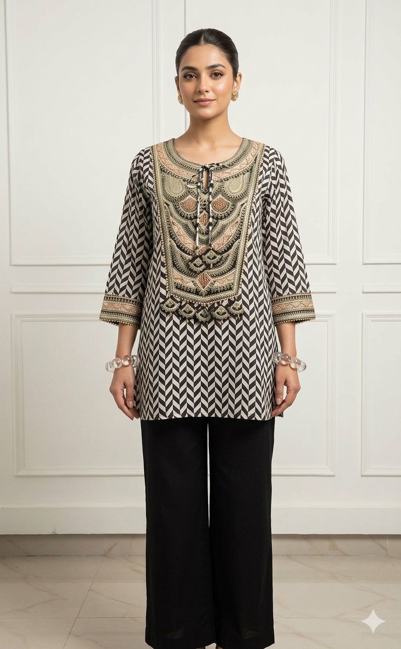 Elegant Printed Kurta Set – Beige & Black