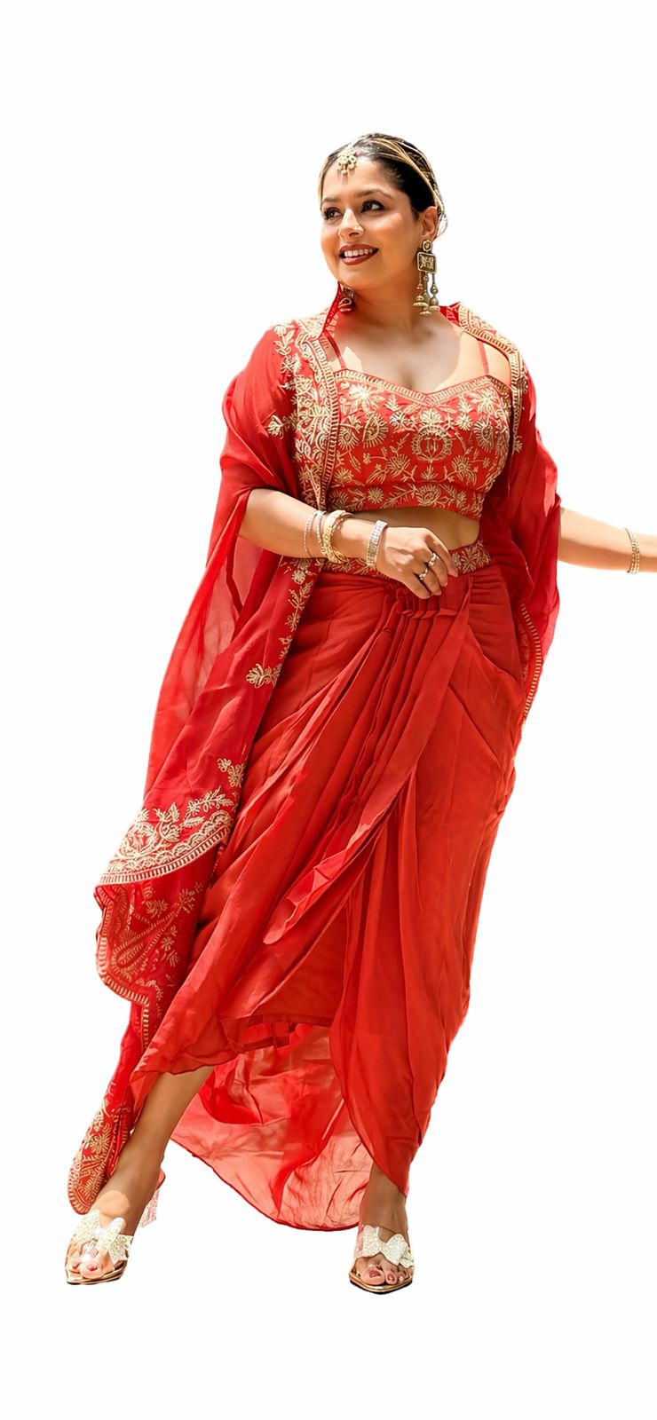 Red Embroidered Draped Saree Set