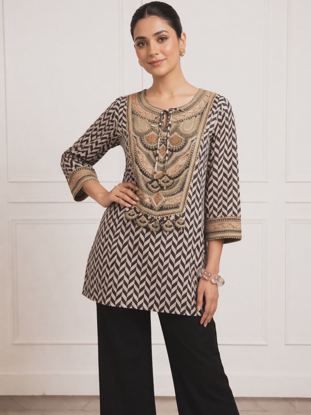 Elegant Printed Kurta Set – Beige & Black