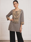 Elegant Printed Kurta Set – Beige & Black